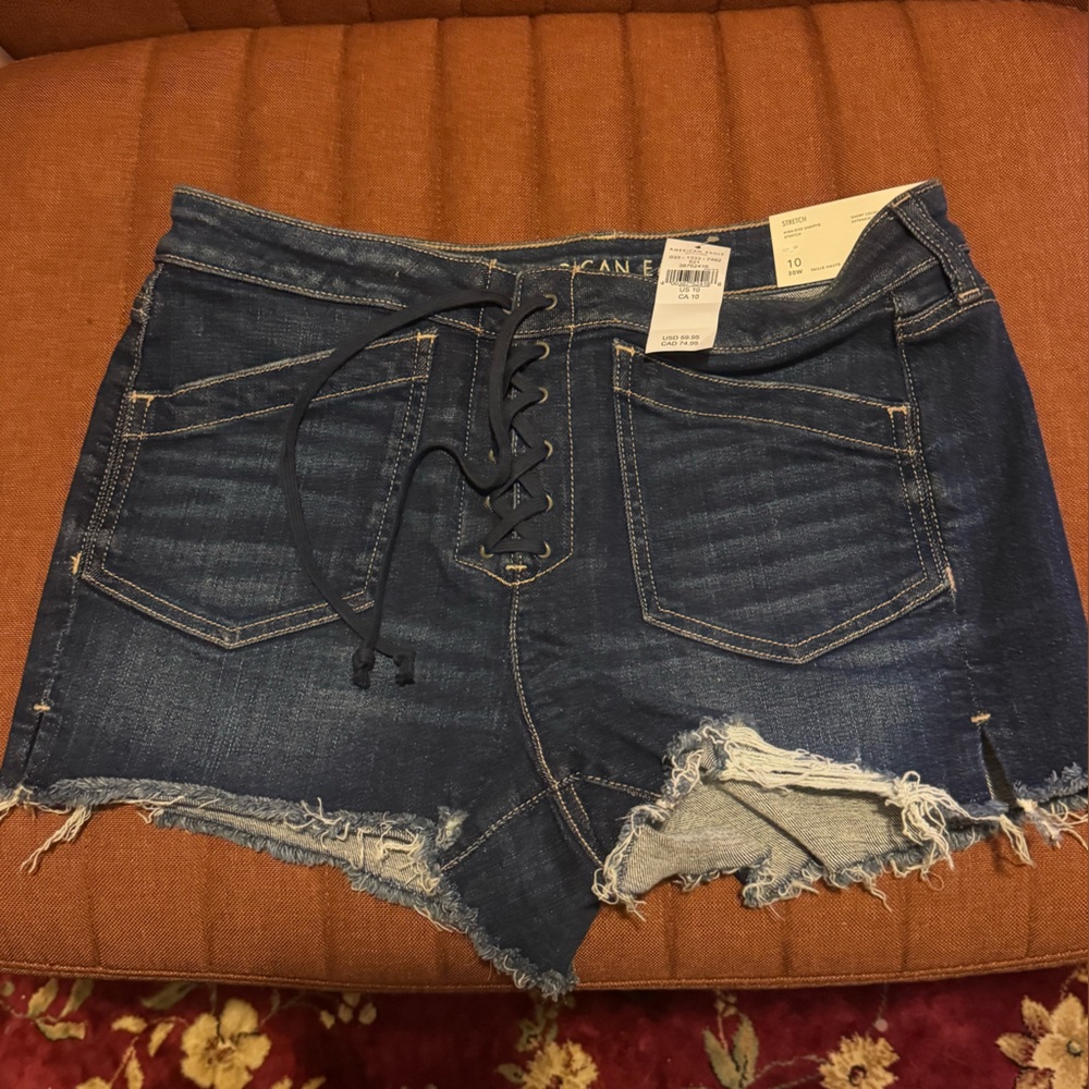 American Eagle Outfitters Dark Blue Lace-Up Distressed Denim Shorts